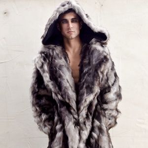 FURROCIOUS FURR Men's Faux Fur Gray Brown Vandal Coat for Festivals, Burning Man